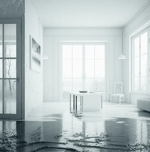 empty white room with water splashes walls windows flooded flat interior