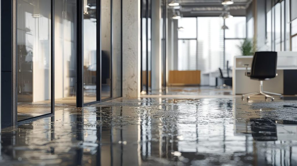 Commercial office space with water leaking onto the floor from ceiling damage, showing active water intrusion.