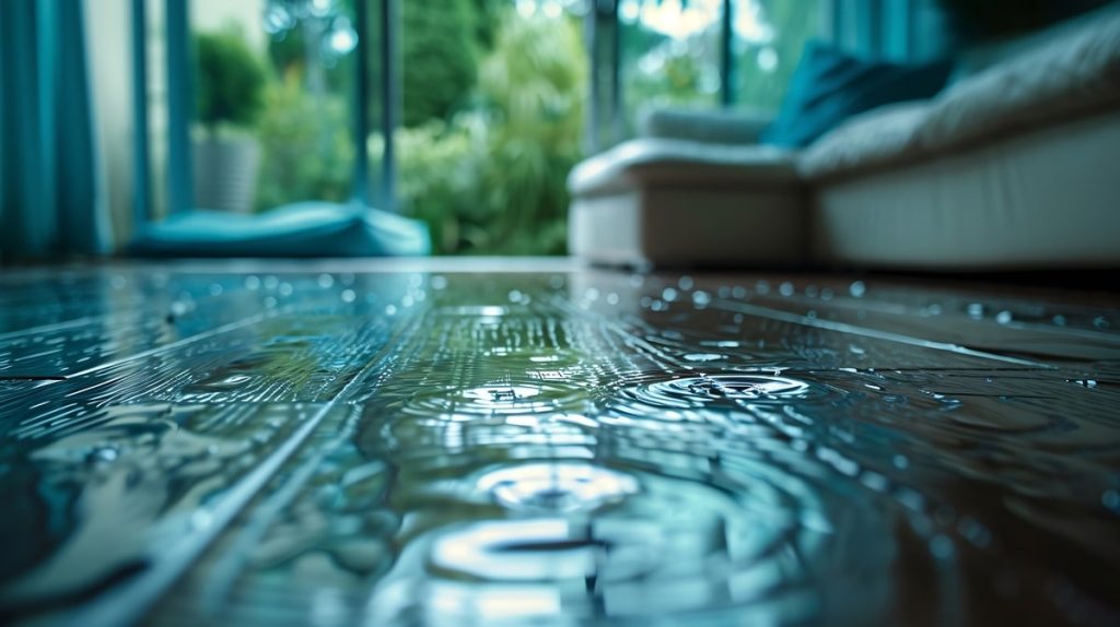 Laminated flooring warped by water damage in a living room