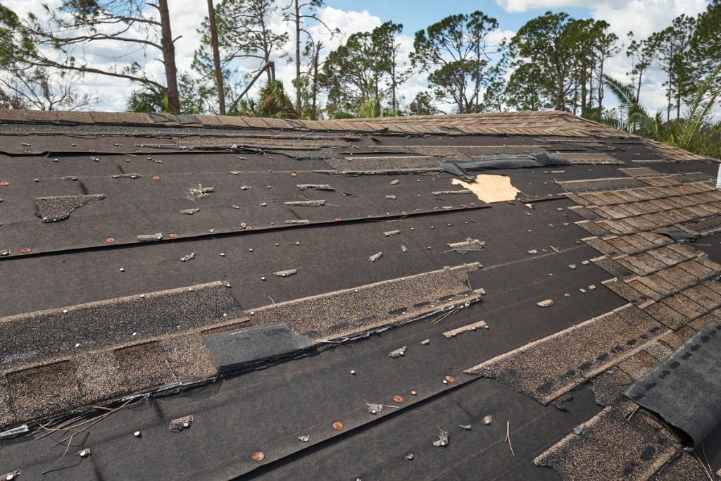 Wind damaged roof with missing asphalt shingles after Hurricane, illustrating need for roof repair.