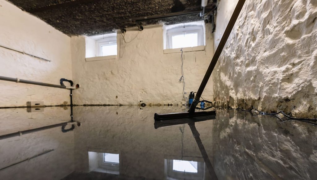 Flooded basement with standing water, mold on stone walls, and floor squeegee during water damage mitigation