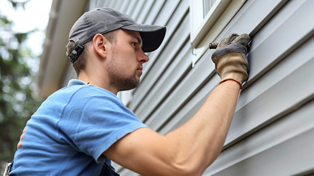 Contractor inspecting a vinyl siding panel seam on a home exterior during a siding damage claim assessment